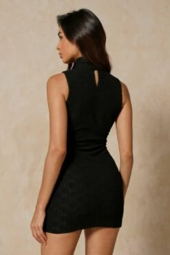 Monogram Embossed High Neck Mini Dress -BOW Clothing Shop black monogram embossed high neck mini dress 2