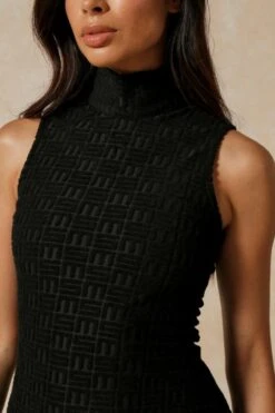 Monogram Embossed High Neck Mini Dress -BOW Clothing Shop black monogram embossed high neck mini dress 4