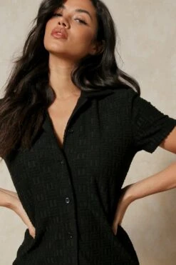 Monogram Embossed Mini Dress -BOW Clothing Shop black monogram embossed mini dress 1