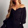 Off The Shoulder Puff Sleeve Ruched Mini Dress -BOW Clothing Shop black off the shoulder puff sleeve ruched mini dress