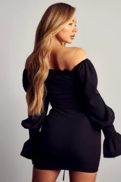Off The Shoulder Puff Sleeve Ruched Mini Dress -BOW Clothing Shop black off the shoulder puff sleeve ruched mini dress 3