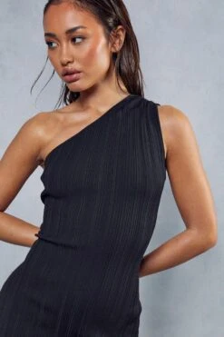 One Shoulder Premium Knit Mini Dress -BOW Clothing Shop black one shoulder premium knit mini dress 1