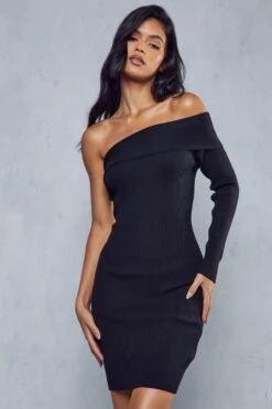 One Shoulder Rib Knit Mini Dress -BOW Clothing Shop black one shoulder rib knit mini dress 1