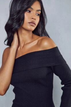 One Shoulder Rib Knit Mini Dress -BOW Clothing Shop black one shoulder rib knit mini dress 2