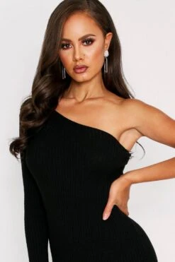 One Shoulder Ribbed Knit Dress 9 One Shoulder Ribbed Knit Dress -BOW Clothing Shop black one shoulder ribbed knit dress 3