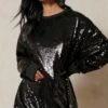 Oversized Sequin Jumper Dress -BOW Clothing Shop black oversized sequin jumper dress