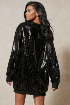 Oversized Sequin Jumper Dress -BOW Clothing Shop black oversized sequin jumper dress 3