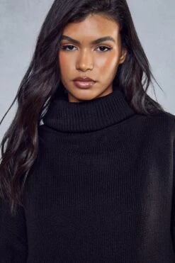 Oversized Turtle Neck Knitted Dress -BOW Clothing Shop black oversized turtle neck knitted dress 1