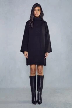 Oversized Turtle Neck Knitted Dress -BOW Clothing Shop black oversized turtle neck knitted dress 3