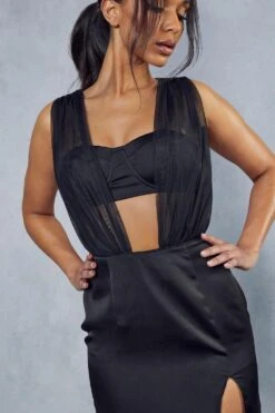 BOW Clothing Shop -BOW Clothing Shop black pleated plunge split leg bodycon midi dress 1