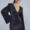 Plisse Sleeve Satin Plunge Mini Dress -BOW Clothing Shop black plisse sleeve satin plunge mini dress