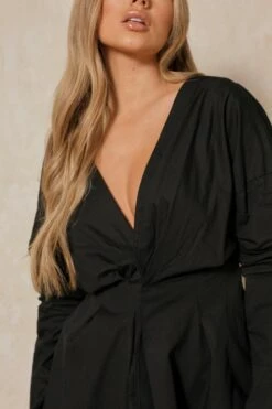 Plunge Front Gathered Sleeve Shirt Dress -BOW Clothing Shop black plunge front gathered sleeve shirt dress 1