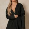 Plunge Front Gathered Sleeve Shirt Dress 2 Plunge Front Gathered Sleeve Shirt Dress -BOW Clothing Shop black plunge front gathered sleeve shirt dress