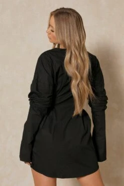 Plunge Front Gathered Sleeve Shirt Dress -BOW Clothing Shop black plunge front gathered sleeve shirt dress 2