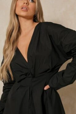 Plunge Front Gathered Sleeve Shirt Dress -BOW Clothing Shop black plunge front gathered sleeve shirt dress 5