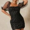 Polka Dot Mesh Ruched Mini Dress -BOW Clothing Shop black polka dot mesh ruched mini dress