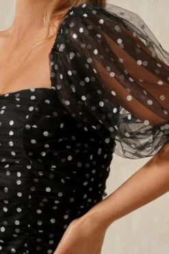 Polka Dot Mesh Ruched Mini Dress -BOW Clothing Shop black polka dot mesh ruched mini dress 4