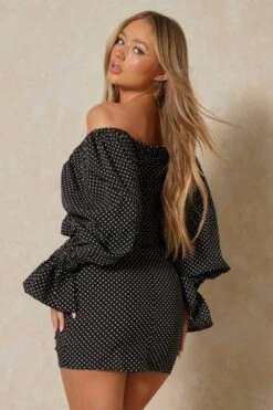 Polka Dot Off The Shoulder Ruched Dress 7 Polka Dot Off The Shoulder Ruched Dress -BOW Clothing Shop black polka dot off the shoulder ruched dress 1