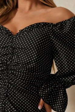 Polka Dot Off The Shoulder Ruched Dress 8 Polka Dot Off The Shoulder Ruched Dress -BOW Clothing Shop black polka dot off the shoulder ruched dress 2