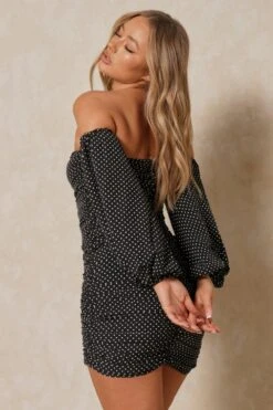 Polka Dot Ruched Balloon Sleeve Bardot Dress 9 Polka Dot Ruched Balloon Sleeve Bardot Dress -BOW Clothing Shop black polka dot ruched balloon sleeve bardot dress 3