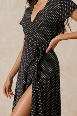 Polka Dot Wrap Front Maxi Dress -BOW Clothing Shop black polka dot wrap front maxi dress 1
