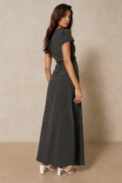 Polka Dot Wrap Front Maxi Dress -BOW Clothing Shop black polka dot wrap front maxi dress 2