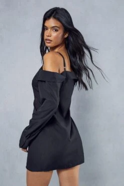 Poplin Off The Shoulder Button Through Shirt Dress -BOW Clothing Shop black poplin off the shoulder button through shirt dress 2