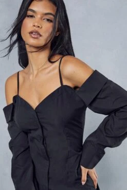 Poplin Off The Shoulder Button Through Shirt Dress -BOW Clothing Shop black poplin off the shoulder button through shirt dress 3