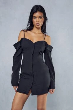 Poplin Off The Shoulder Button Through Shirt Dress -BOW Clothing Shop black poplin off the shoulder button through shirt dress 4