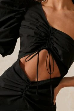 Poplin One Shoulder Puff Sleeve Ruched Dress -BOW Clothing Shop black poplin one shoulder puff sleeve ruched dress 5