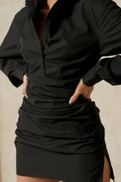 Poplin Ruched Side Long Sleeve Shirt Dress -BOW Clothing Shop black poplin ruched side long sleeve shirt dress 3