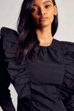 Poplin Ruffle Detail Mini Dress -BOW Clothing Shop black poplin ruffle detail mini dress 1