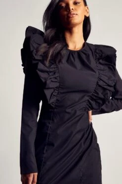 Poplin Ruffle Detail Mini Dress -BOW Clothing Shop black poplin ruffle detail mini dress 4