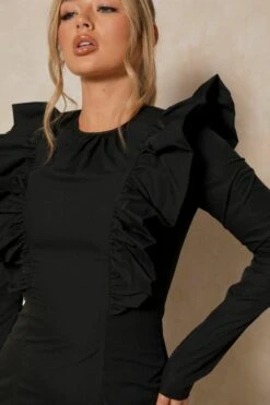 Poplin Ruffle Detail Mini Dress -BOW Clothing Shop black poplin ruffle detail mini dress 5