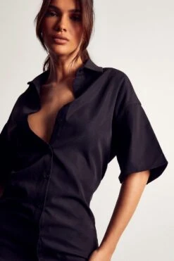 Poplin Short Sleeve Shirt Dress -BOW Clothing Shop black poplin short sleeve shirt dress 1