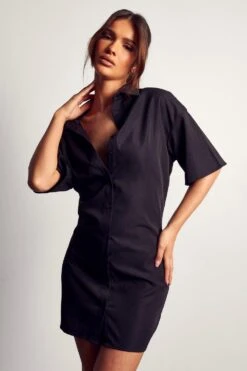 Poplin Short Sleeve Shirt Dress -BOW Clothing Shop black poplin short sleeve shirt dress 4
