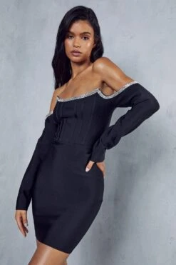 Premium Bandage Diamante Trim Bardot Dress -BOW Clothing Shop black premium bandage diamante trim bardot dress 4