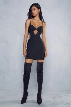 Premium Bandage Diamante Trim Cupped Dress -BOW Clothing Shop black premium bandage diamante trim cupped dress 3