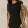 Premium Beaded Shoulder Pad Mini Dress -BOW Clothing Shop black premium beaded shoulder pad mini dress