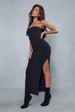 Premium Brushed Rib Bandeau Split Leg Maxi Dress -BOW Clothing Shop black premium brushed rib bandeau split leg maxi dress 3