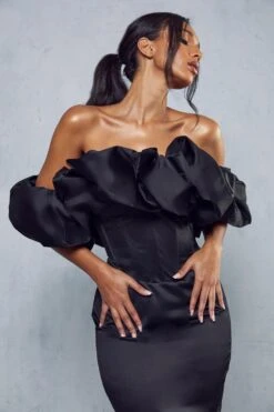 Premium Corset Puff Bardot Midi Dress -BOW Clothing Shop black premium corset puff bardot midi dress 1