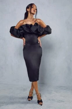 Premium Corset Puff Bardot Midi Dress -BOW Clothing Shop black premium corset puff bardot midi dress 3