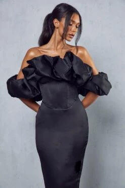 Premium Corset Puff Bardot Midi Dress -BOW Clothing Shop black premium corset puff bardot midi dress 4