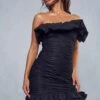 Premium Extreme Ruffle Bardot Mini Dress -BOW Clothing Shop black premium extreme ruffle bardot mini dress
