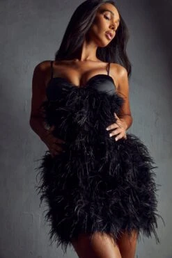 Premium Feather Cupped Satin Mini Dress -BOW Clothing Shop black premium feather cupped satin mini dress 1
