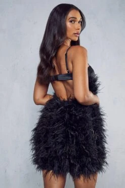 Premium Feather Cupped Satin Mini Dress -BOW Clothing Shop black premium feather cupped satin mini dress 2
