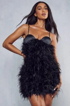 Premium Feather Cupped Satin Mini Dress -BOW Clothing Shop black premium feather cupped satin mini dress 4