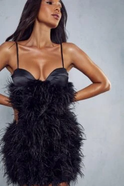 Premium Feather Cupped Satin Mini Dress -BOW Clothing Shop black premium feather cupped satin mini dress 5