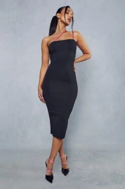 Premium Knitted Contrast Strap Midi Dress -BOW Clothing Shop black premium knitted contrast strap midi dress 3