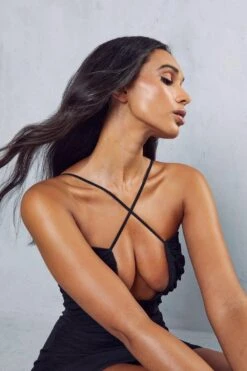 Premium Mesh Cross Strap Curved Mini Dress -BOW Clothing Shop black premium mesh cross strap curved mini dress 1